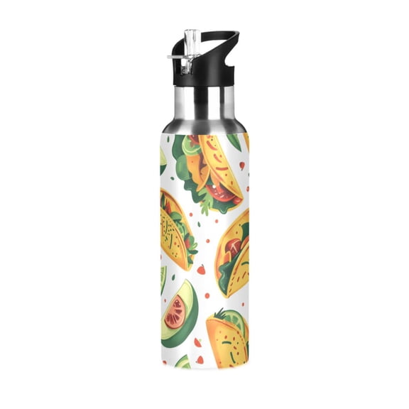 Mexico Food Tacos Chili Lemons Sports Bottle with Straw Stainless Steel Water Jug Portable Thermal Cup Leak-proof 1000ML