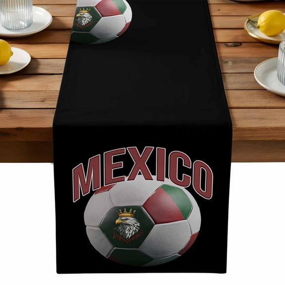 Mexico Football Table Runner, Eagle Head Gold Crown Spain Ball Kitchen Table Runners Dress Scarves for Table Decorations Party/Restaurant/Indoor Outdoor Use, 13x36in