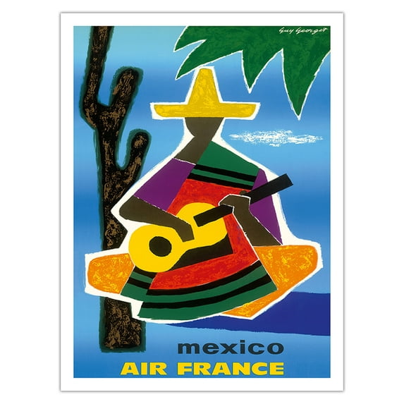 Mexico - France - Mexican Guitar Player in Sombrero and Poncho - Vintage Airline Travel Poster by Guy Georget c.1963 - Bamboo Fine Art 290gsm Paper Print (Unframed) 24x32in