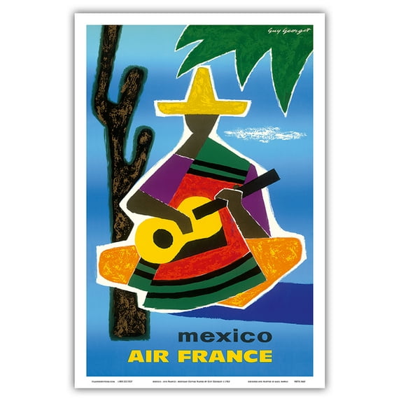 Mexico - France - Mexican Guitar Player in Sombrero and Poncho - Vintage Airline Travel Poster by Guy Georget c.1963 - Master Art Print (Unframed) 12in x 18in
