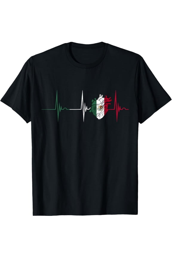 Mexico Heart Mexico Flag Heartbeat EKG Pulse Mexican Pride T-ShirtMen and women, Black T-shirt, size: Extra large