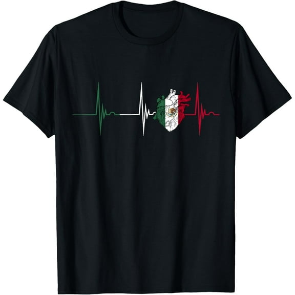 Mexico Heart Mexico Flag Heartbeat EKG Pulse Mexican Pride T-ShirtMen and women, Black T-shirt, size: Extra large