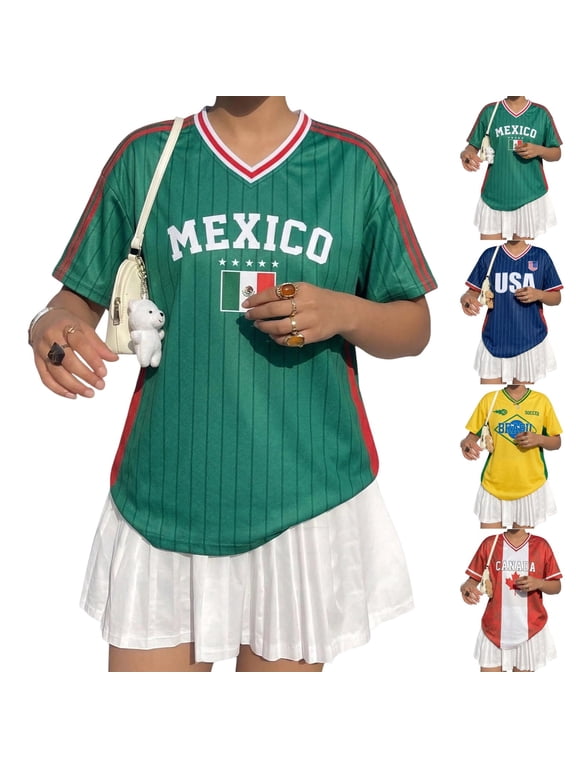 Mexico Jersey for Women, Mexico Flag Graphic Short Sleeve T Shirts V-Neck Tee Soft Fashion Jerseys for Women 2026 Football Shirts