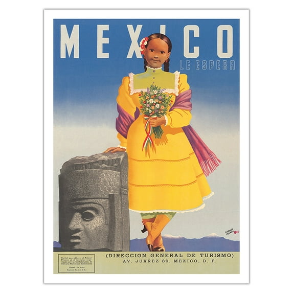 Mexico - Le Espera (Awaits You) - Direccion General de Turismo (Department of Tourism) - Vintage Travel Poster by German Horacio c.1953 - Bamboo Fine Art 290gsm Paper Print (Unframed) 24x32in