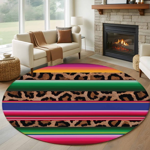 Mexico Leopard 7' Round Rug for Living Room Conversation Area, Print Washable Non Slip Large Circle Area Rug for Living Room Dining Room, Bathroom Accent, Entryway, Beside Bed
