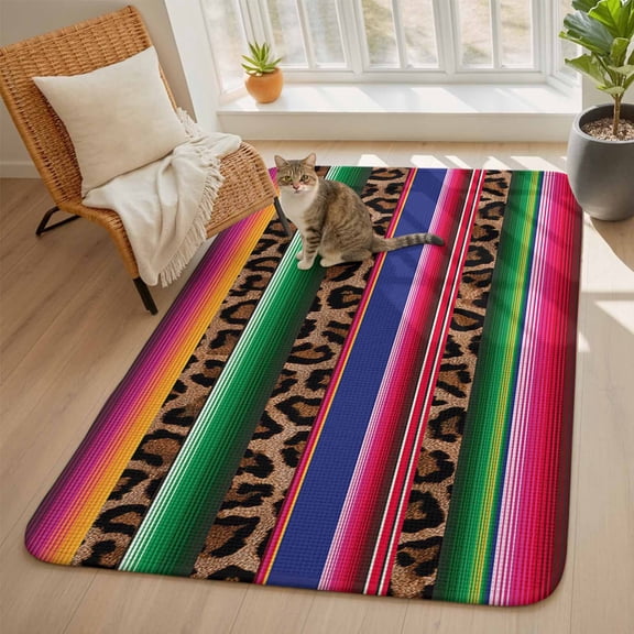 Mexico Leopard Area Rugs for Living Room 5x6, Print Washable Area Rug with Non Slip Backing, Stain Resist Linen Carpet for Bedroom, Dining Room, Entryway, Entrance