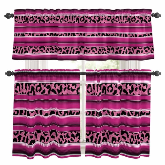 Mexico Leopard Kitchen Curtains Valances and Tiers Set of 3 print Rose Red Tier Curtains and Valance with Rod Pocket for Small Windows, 27.5"x24"