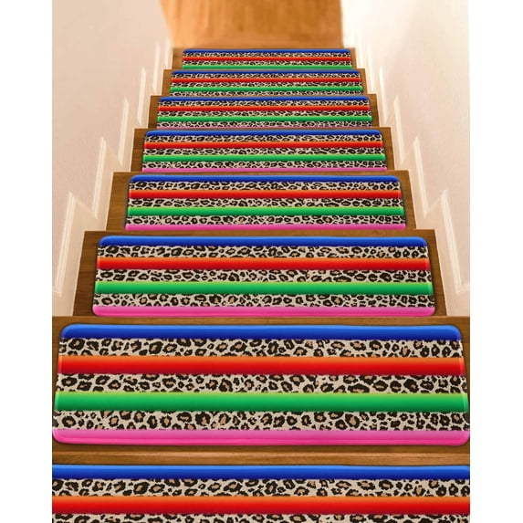 Mexico Leopard Stair Treads Non Slip for Steps Print Colorful 4 Pcs Reusable Adhesive Stair Runner Mats for Dogs Elders Carpet Treads Rugs for Staircase 8x30 In