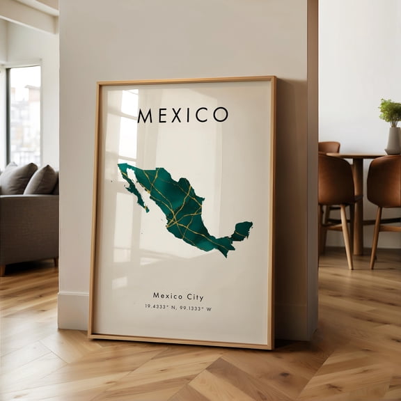 Mexico Map PRINTED Poster Green and Gold North America Wall Art Print Home Decor Geography Map Gift