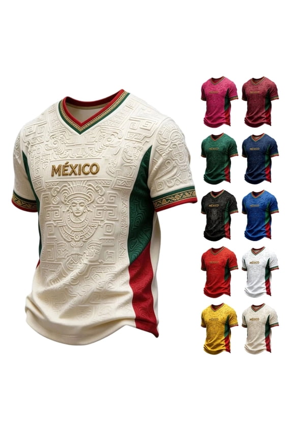 Mexico Men's Embossed Maya Aztec V-Neck Short Sleeve T-Shirt with Mexican Flag Side Panels, Gold MÉXICO Print, 10 Colors, Cultural Football Fan Apparel for Summer, Travel & Casual Wear