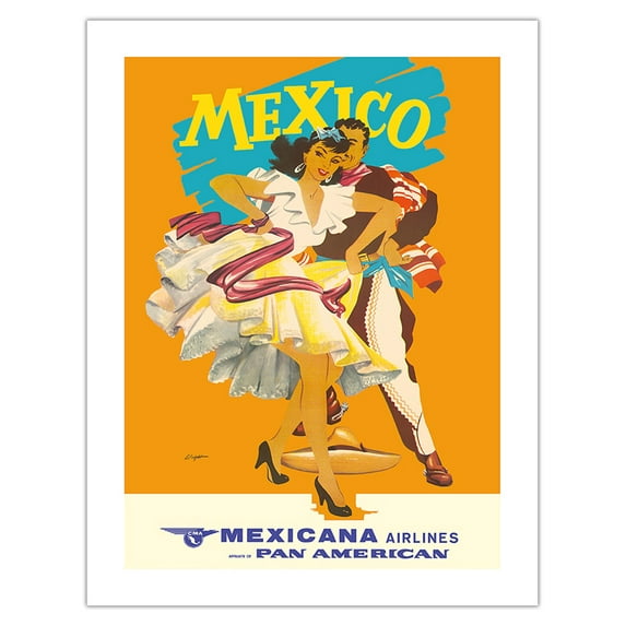 Mexico - Mexican Dancers - Mexicana Airlines (CMA) - Vintage Airline Travel Poster by Wright c.1950s - Bamboo Fine Art 290gsm Paper (Unframed) 17x22in