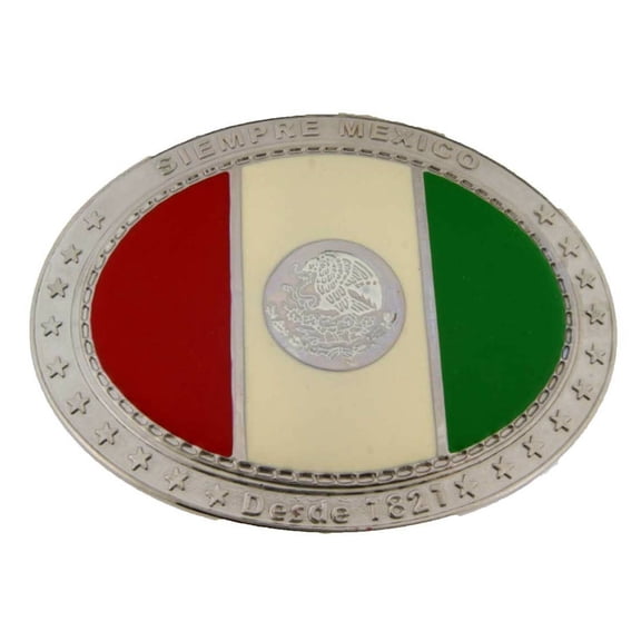 Mexico Mexican Flag Belt Buckle Country SIEMPRE MEXICO Text SILVER Western Cowboy Rodeo
