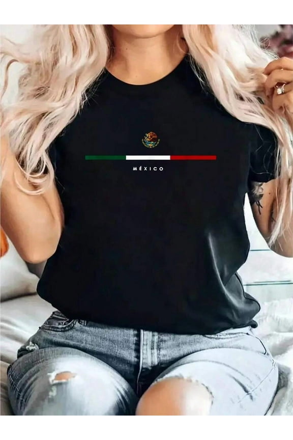 Mexico Mexican Flag Vintage Mexican Independence Day Print Round Neck Short Sleeve T-Shirt For Women Casual, Summer, Women Top Graphic Tees Women Tops