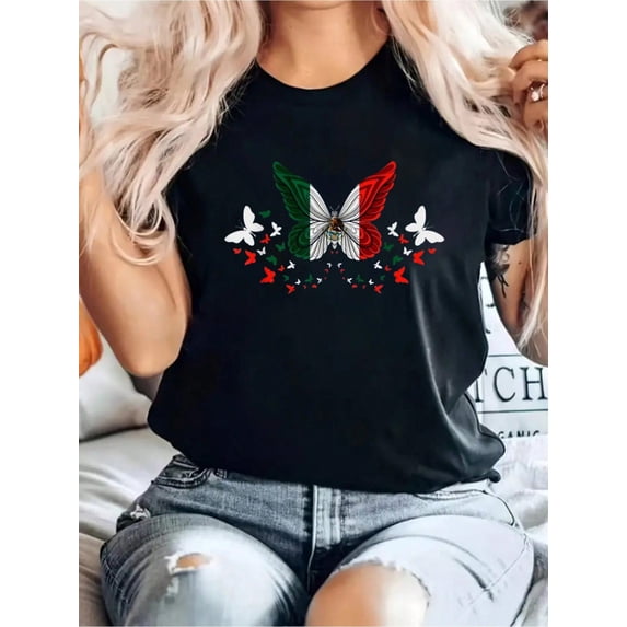 Mexico Mexican Mexico Flag Butterflies T-Shirt Print Cotton Graphic Print Solid T-Shirt