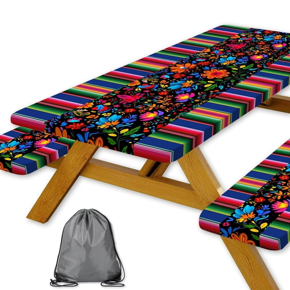 Mexico Picnic Table Cover with Bench Covers and Bag, Cinco De Mayo Fiesta Stripes Fitted Table Cover, 6ft Outdoor Tablecloth with Elastic Edge 3 PCS 30x72 Inch