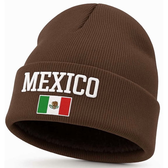 Mexico Pride Beanie Hat – Winter Skullie Cap with Flag Logo and Faux Fur Lining, Dark Brown