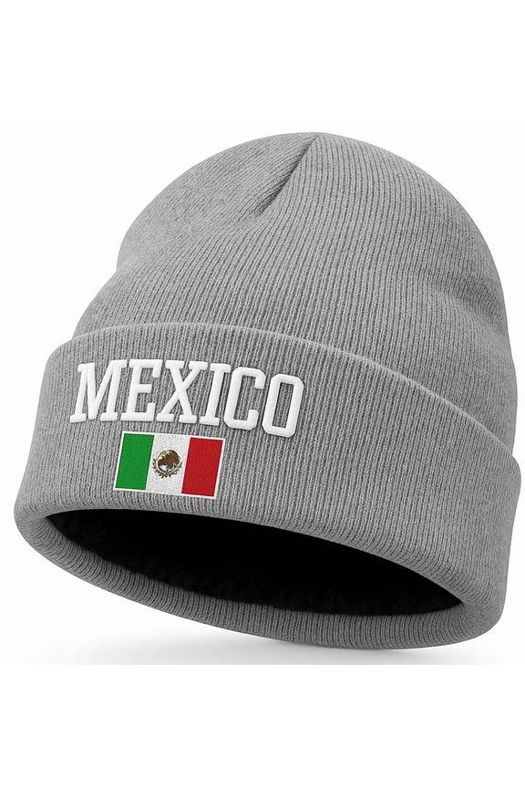 Mexico Pride Beanie Hat – Winter Skullie Cap with Flag Logo and Faux Fur Lining, Grey