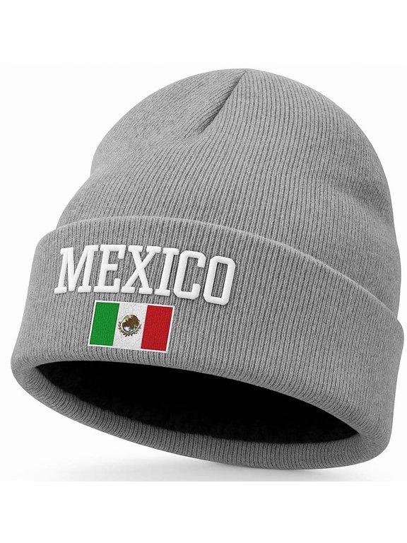 Mexico Pride Beanie Hat – Winter Skullie Cap with Flag Logo and Faux Fur Lining, Grey