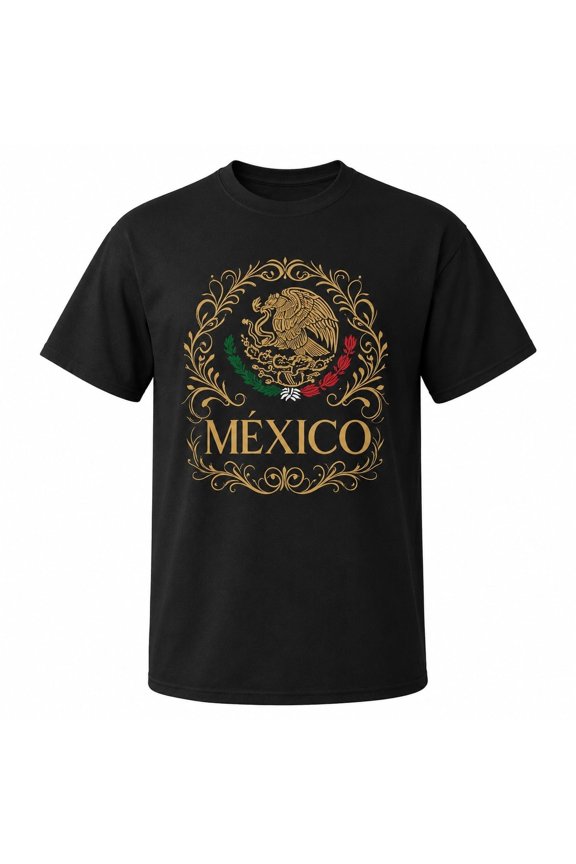 Mexico Pride T-Shirt Gold Eagle Emblem Graphic Tee Unisex Cotton Short Sleeve Crew Neck Top
