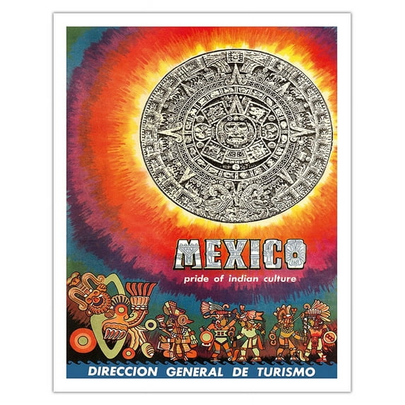 Mexico - Pride of Indian Culture - Aztec Tablet and Warriors - Vintage Travel Poster c.1950s - Fine Art Matte Paper Print (Unframed) 11x14in