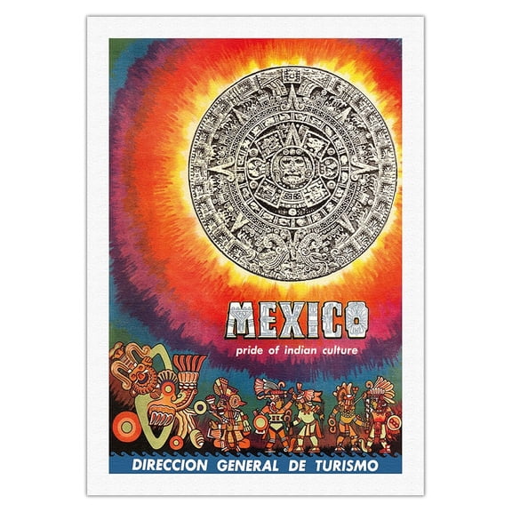 Mexico - Pride of Indian Culture - Aztec Tablet and Warriors - Vintage Travel Poster c.1950s - Fine Art Rolled Canvas Print 27in x 40in