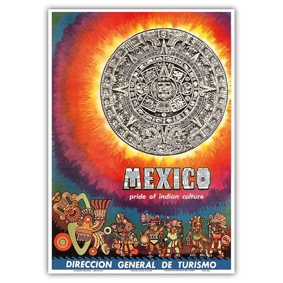 Mexico - Pride of Indian Culture - Aztec Tablet and Warriors - Vintage Travel Poster c.1950s - Master Art Print 10in x 14in