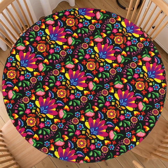 Mexico Round Fitted Tablecloth with Elastic Edge 40-44 Inch Bohemian Washable Table Cover Cinco De Mayo Fiesta Table Cloth for Kitchen Dinner Party Picnic