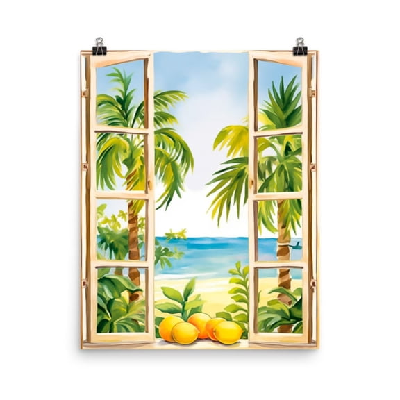 Mexico Seaside Window Print, Lemons And Palm Trees Wall Art, Tropical Coastal Decor, Mexican Beach Poster, Fruit Kitchen Art Home Decor #3660, Unframed Poster Size 8x12