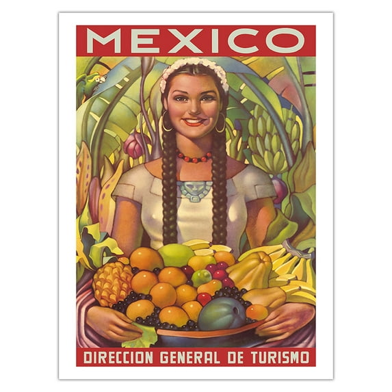 Mexico - Senorita with Fruit Bowl - Vintage Travel Poster by Jorge González Camarena c.1951 - Fine Art Matte Paper Print (Unframed) 24x32in