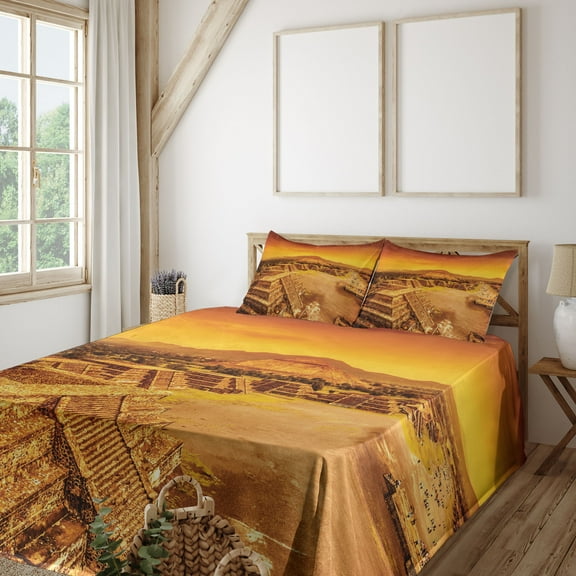Ambesonne Mexico Fitted & Top Sheet Set with Shams, Dead Ruins of Aztec Mayan, Orange Amber