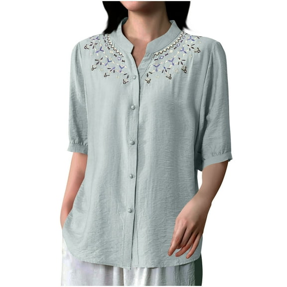 Mexico Shirts for Women Summer Embroidered Cotton Linen Blouse Half Sleeve Button Down Top Vintage Boho Causal Button Shirt