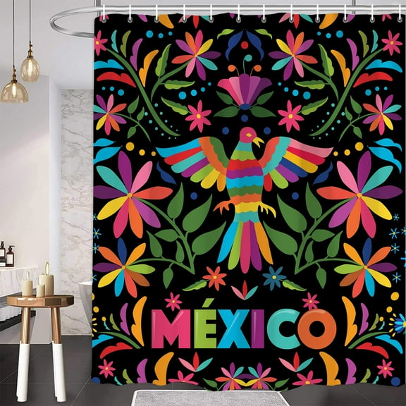Mexico Shower Curtain Mexican Shower Curtain Traditional Bluebird Otomi Style Pink Floral Shower Curtain, Colorful Flower Bird Plant Shower Curtain Set Polyester Fabric with Hooks 69x72inch