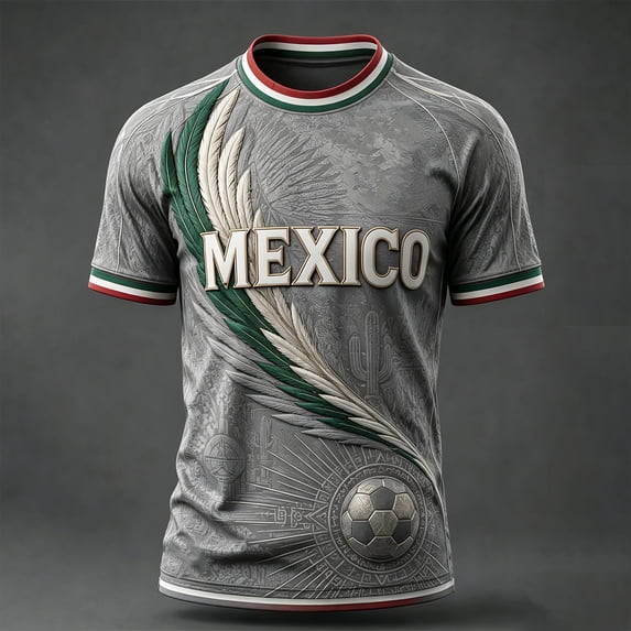 Mexico Soccer Jersey Men 2026 Soccer Shirt 2D Graphic Crew Neck Short Sleeve Summer Tee Gray M
