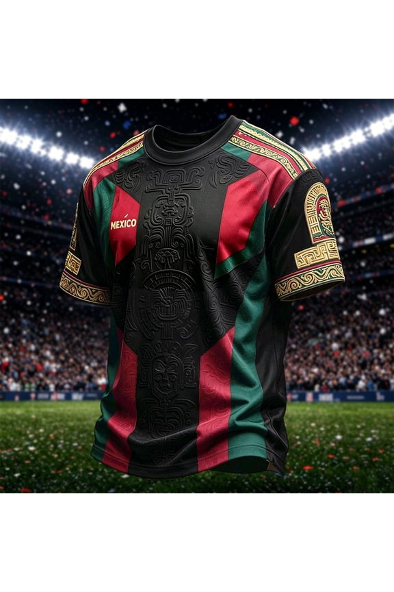 Mexico Soccer Jerseys 2026 Mexico Soccer Tops Short Sleeve Men Black Gold Cultural Graphic Crew Neck Funny Football Print National Supporter Daily Workout Tee,Black L