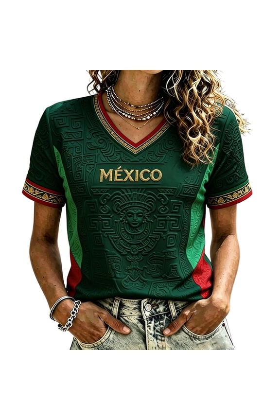 Mexico Soccer Jerseys 2026 V Neck Short Sleeve Soccer Tops Mexican Jersey Soccer Digital Print Black Gold Cultural Mexican National Team Casual Sport Tee,Dark Green S