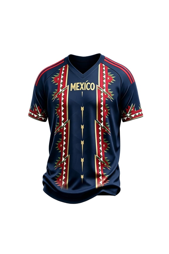 Mexico Soccer Jerseys Black Gold Cultural Digital Print Men’s 2026 Mexico Soccer Tops Short Sleeve V Neck Athletic National Team Fan Sport Tee shirts,Navy XL