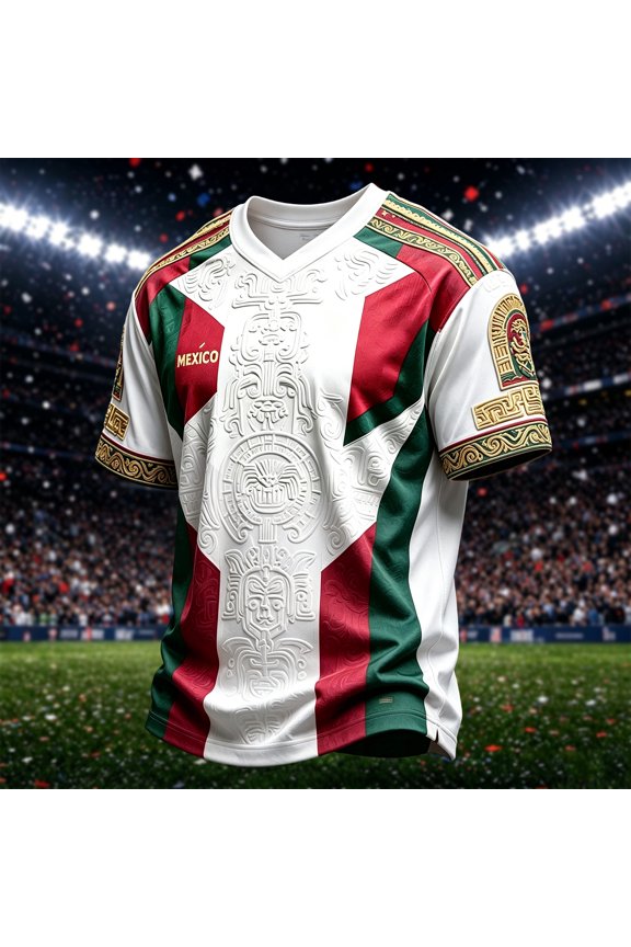 Mexico Soccer Jerseys Crew Neck White Red Soccer Shirt Cultural Pattern Design Short Sleeve V Neck Graphic Sport Tee Daily Outfit Tops Tees, XL