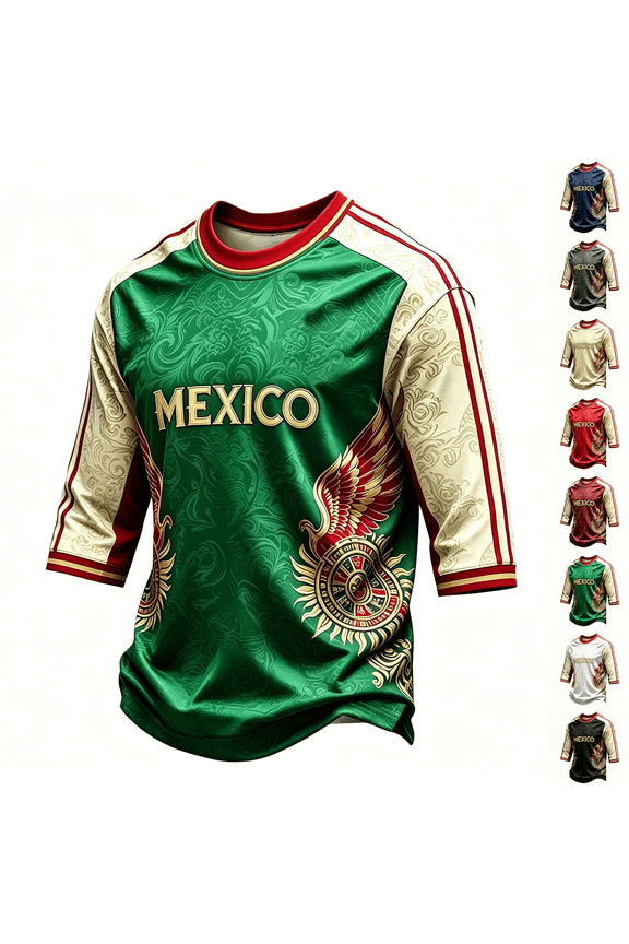 Mexico Soccer Jerseys Men Crew Neck 3/4 Sleeve Soccer Tops Mexican Jersey Soccer Digital Print Black Gold Cultural Sport Jersey Mexican Fan Athletic Stadium Top Shirts,Gray M