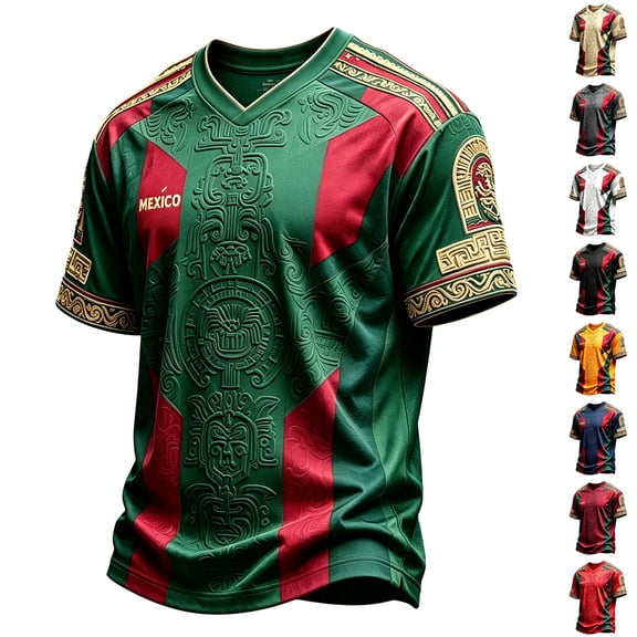 Mexico Soccer Jerseys Men V Neck Short Sleeve Soccer Tops Mexican Jersey Soccer Digital Print Black Gold Cultural Sport Jersey Mexican Fan Athletic Stadium Top Shirts,Orange S