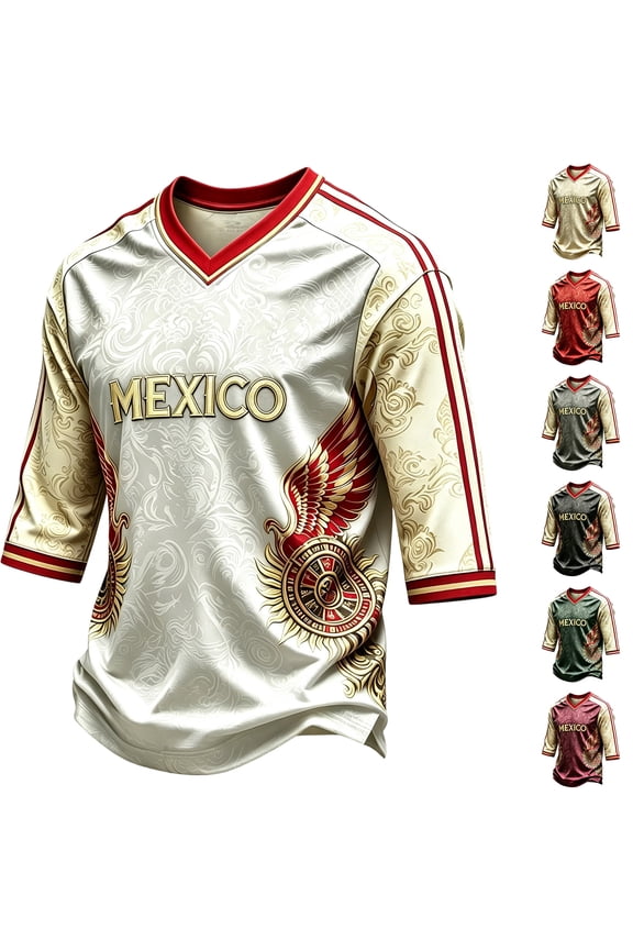 Mexico Soccer Jerseys V Neck 3/4 Sleeve Soccer Tops Soccer Jersey Digital Print Black Gold Cultural Mexican Fan Athletic Stadium Top Shirts,White 3XL