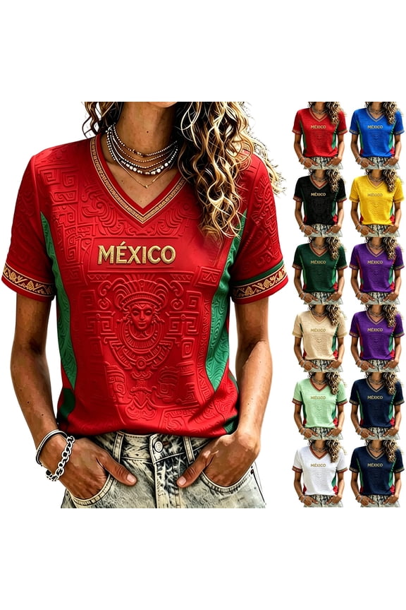 Mexico Soccer Jerseys V Neck Short Sleeve Soccer Tops Soccer Jersey Digital Print Black Gold Cultural Mexican National Team Casual Sport Tee,White M