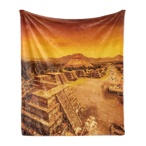 Mexico Soft Flannel Fleece Blanket, The Avenue of the Dead Ruins of Aztec Mayan Teotihuacan Civilization Architecture, Cozy Plush for Indoor and Outdoor Use, 70" x 90", Orange Amber, by Ambesonne