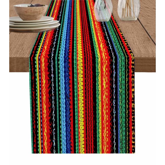Mexico Stripes Burlap Cotton Table Runner 13x70 Inches Long, Colored Abstract Striped Orange Red Boho Farmhouse Table Runners, Outdoor Dining Tablecloths Decor for Baby Shower/Party/Wedding