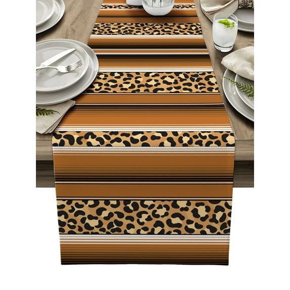 Mexico Stripes Leopard Print Animal Skin Texture Brown Table Runner Home Wedding Table Mat Centerpieces Decor Dining Tablecloth