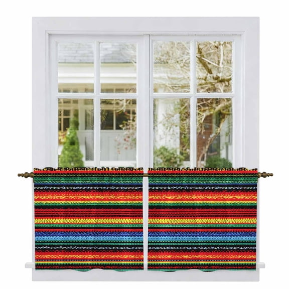 Mexico Stripes Tier Curtains, Colored Abstract Striped Orange Red Boho Light Filtering Kitchen Curtains, 2Pcs Rod Pocket Half Window Treatments Panels for Sink Cafe Cabinet Camper 27.5x24 Inches