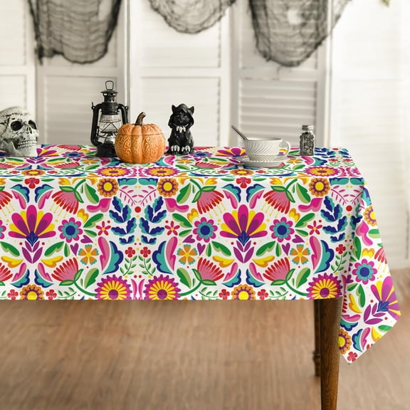 Mexico Tablecloth 60x104 Inch Rectangular, Halloween Cinco De Mayo Fiesta White Washable Seasonal Table Cover for Party Picnic Dinner Decor