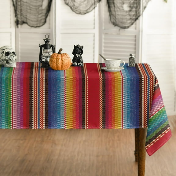 Mexico Tablecloth 60x84 Inch Rectangular, Halloween Cinco De Mayo Fiesta Colorful Stripes Washable Seasonal Table Cover for Party Picnic Dinner Decor