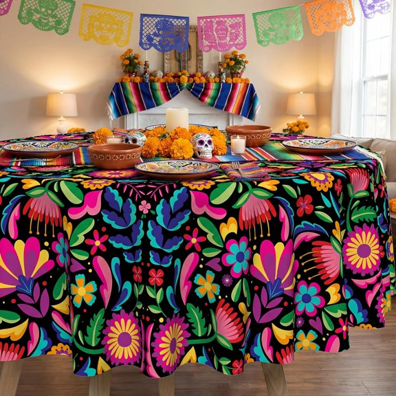 Mexico Tablecloth 70 Inch Round, Halloween Cinco De Mayo Fiesta Decorations for Home Table Cloth, Seasonal Decor Tablecloths Polyester for Picnic Party Supplies
