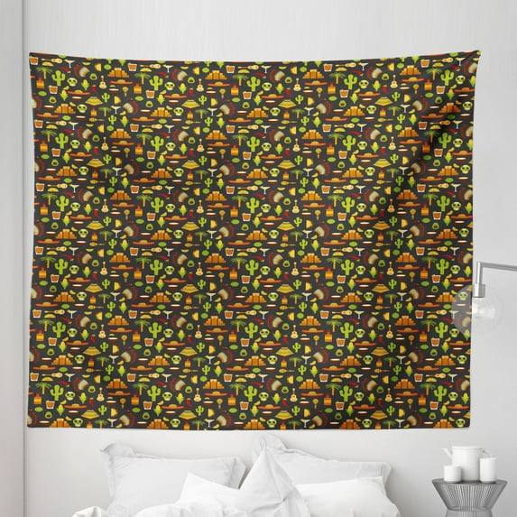 Mexico Tapestry, Pattern with Traditional Sombrero Tequila Taco Skull Guitar Cactus, Fabric Wall Hanging Decor for Bedroom Living Room Dorm, 5 Sizes, Charcoal Grey White, by Ambesonne