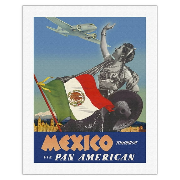 Mexico - Tomorrow - via Pan American Airways (PAA) - Flag of Mexico - Vintage Airline Travel Poster by Paul George Lawler c.1940 - Fine Art Rolled Canvas Print 20in x 26in